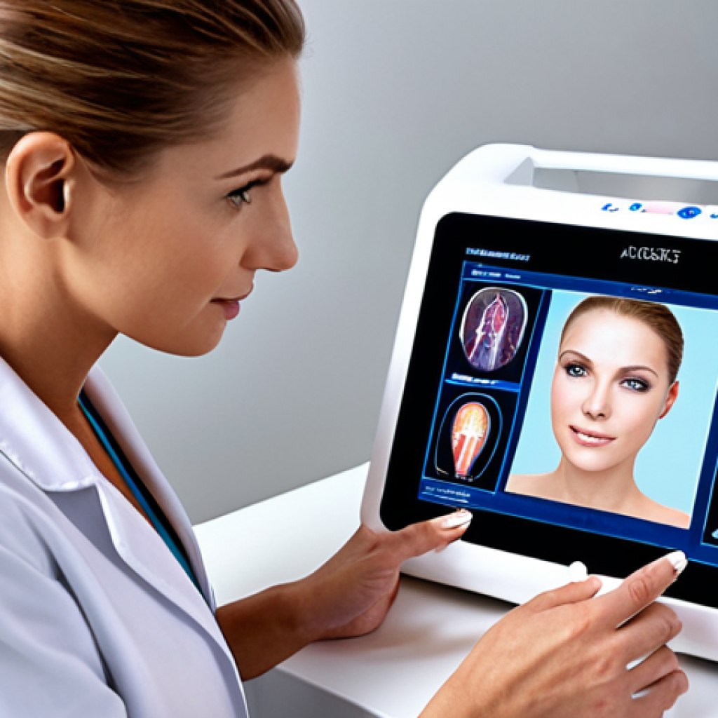 Advanced Skin Science and Personalized Care**
    "A professional female beauty consultant, with an intelligent and empathetic demeanor, expertly uses advanced diagnostic technology like a skin analysis device or a tablet displaying AI-driven skin insights. She is gently interacting with a diverse client, showcasing a deep understanding of skin physiology. The setting is a clean, modern, and high-tech beauty clinic. Emphasize precision, scientific knowledge, and the personalized aspect of skin health. Soft, natural lighting highlights healthy, glowing skin."

2.  **Prompt for