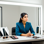 A professional Arab woman, fully clothed in a modest business suit, seated comfortably at a vanity table in a brightly lit, elegant studio. A female color consultant, also in professional dress, stands beside her, holding a selection of fabric swatches near the client's face. The client observes her reflection in a large mirror, with a focused and contemplative expression, discovering the subtle impact of different colors. The scene is captured with professional studio photography, emphasizing natural lighting and intricate details. Safe for work, appropriate content, perfect anatomy, correct proportions, natural pose, well-formed hands, proper finger count, natural body proportions.