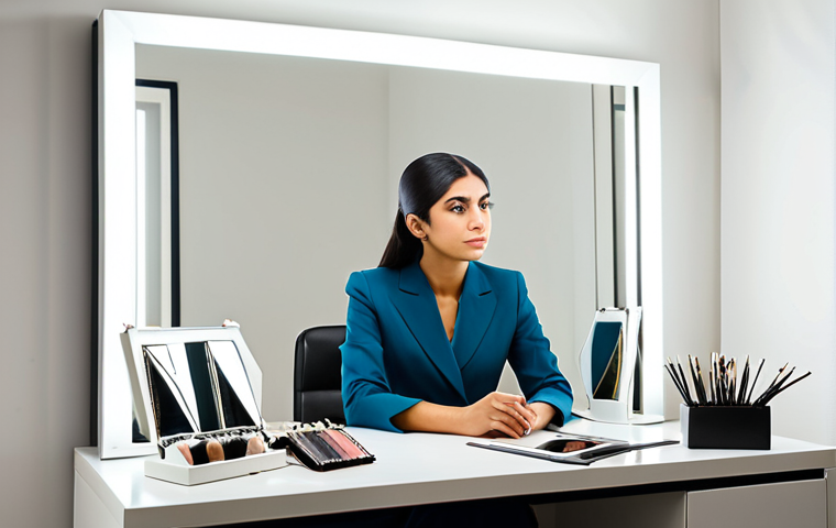 A professional Arab woman, fully clothed in a modest business suit, seated comfortably at a vanity table in a brightly lit, elegant studio. A female color consultant, also in professional dress, stands beside her, holding a selection of fabric swatches near the client's face. The client observes her reflection in a large mirror, with a focused and contemplative expression, discovering the subtle impact of different colors. The scene is captured with professional studio photography, emphasizing natural lighting and intricate details. Safe for work, appropriate content, perfect anatomy, correct proportions, natural pose, well-formed hands, proper finger count, natural body proportions.