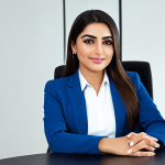 A professional Arab beauty consultant, fully clothed in a modest and elegant business suit, sitting confidently at a sleek modern desk in a bright, professionally designed office. The background features subtle, sophisticated branding elements reflecting a strong visual identity, with soft, professional lighting. Perfect anatomy, correct proportions, natural pose, well-formed hands, proper finger count, high-resolution, professional photography, safe for work, appropriate content, modest, family-friendly.