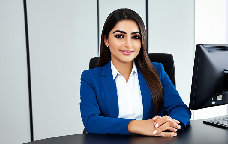 A professional Arab beauty consultant, fully clothed in a modest and elegant business suit, sitting confidently at a sleek modern desk in a bright, professionally designed office. The background features subtle, sophisticated branding elements reflecting a strong visual identity, with soft, professional lighting. Perfect anatomy, correct proportions, natural pose, well-formed hands, proper finger count, high-resolution, professional photography, safe for work, appropriate content, modest, family-friendly.