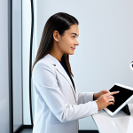 A professional female beauty consultant in modest business attire and professional dress, fully clothed, gently guiding a client through an AI-powered skin analysis on a tablet. The setting is a modern, well-lit consultation room with clean, minimalist decor, emphasizing trust and personalized care. Perfect anatomy, correct proportions, natural pose, well-formed hands, proper finger count, natural body proportions, professional photography, high resolution, realistic, safe for work, appropriate content, modest, family-friendly.