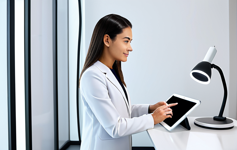 A professional female beauty consultant in modest business attire and professional dress, fully clothed, gently guiding a client through an AI-powered skin analysis on a tablet. The setting is a modern, well-lit consultation room with clean, minimalist decor, emphasizing trust and personalized care. Perfect anatomy, correct proportions, natural pose, well-formed hands, proper finger count, natural body proportions, professional photography, high resolution, realistic, safe for work, appropriate content, modest, family-friendly.
