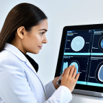 A professional female beauty consultant, fully clothed in a modest, smart business suit, meticulously analyzing digital skin scan data on a high-tech tablet in a modern, clean beauty research laboratory. Scientific charts depicting skin layers and cellular structures are displayed on large screens in the background, creating an atmosphere of advanced dermatological study. The consultant has perfect anatomy, correct proportions, well-formed hands, and natural body proportions, captured in a natural pose. The image is safe for work, appropriate content, family-friendly, and professional photography, high quality.