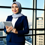 Modern Hijabi Businesswoman**

"A confident businesswoman wearing a stylish, modest hijab and professional business attire, standing in a modern office setting with large windows overlooking a city skyline, holding a tablet. Soft, natural lighting. Professional photography, high quality, perfect anatomy, natural proportions, fully clothed, safe for work, appropriate content, family-friendly."

**