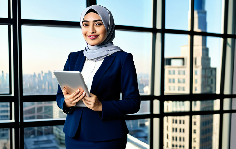 Modern Hijabi Businesswoman**

"A confident businesswoman wearing a stylish, modest hijab and professional business attire, standing in a modern office setting with large windows overlooking a city skyline, holding a tablet. Soft, natural lighting. Professional photography, high quality, perfect anatomy, natural proportions, fully clothed, safe for work, appropriate content, family-friendly."

**