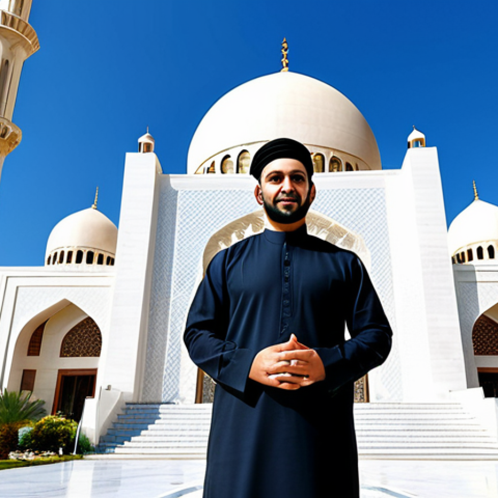 **

A professional Arab architect, fully clothed in modest professional attire, standing confidently in front of a newly designed modern mosque during daylight. The mosque features intricate geometric patterns and a large dome. The background includes palm trees and a clear blue sky. Perfect anatomy, correct proportions, natural pose, well-formed hands, proper finger count, natural body proportions, safe for work, appropriate content, fully clothed, professional.

**