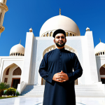 **

A professional Arab architect, fully clothed in modest professional attire, standing confidently in front of a newly designed modern mosque during daylight. The mosque features intricate geometric patterns and a large dome. The background includes palm trees and a clear blue sky. Perfect anatomy, correct proportions, natural pose, well-formed hands, proper finger count, natural body proportions, safe for work, appropriate content, fully clothed, professional.

**