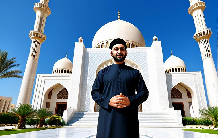 **

A professional Arab architect, fully clothed in modest professional attire, standing confidently in front of a newly designed modern mosque during daylight. The mosque features intricate geometric patterns and a large dome. The background includes palm trees and a clear blue sky. Perfect anatomy, correct proportions, natural pose, well-formed hands, proper finger count, natural body proportions, safe for work, appropriate content, fully clothed, professional.

**