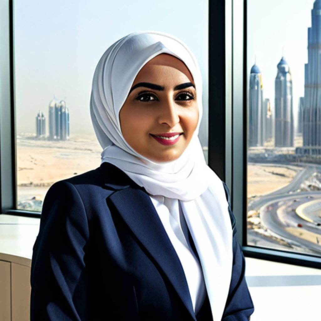 **Subject:** A professional Arab businesswoman in a modern office setting, wearing a hijab and a stylish, fully-covered business suit. **Environment:** Dubai skyline visible through the large office window. **Quality:** Professional photography, natural lighting, safe for work, appropriate content.