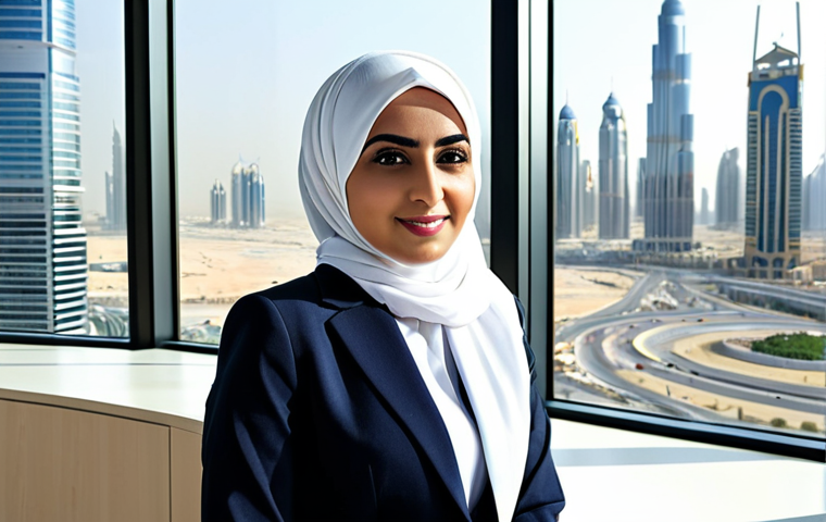 **Subject:** A professional Arab businesswoman in a modern office setting, wearing a hijab and a stylish, fully-covered business suit. **Environment:** Dubai skyline visible through the large office window. **Quality:** Professional photography, natural lighting, safe for work, appropriate content.