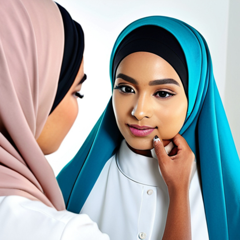 뷰티컨설턴트 커뮤니케이션 스킬 - **Image:** A professional makeup artist applying subtle, natural makeup on a client with a hijab in ...