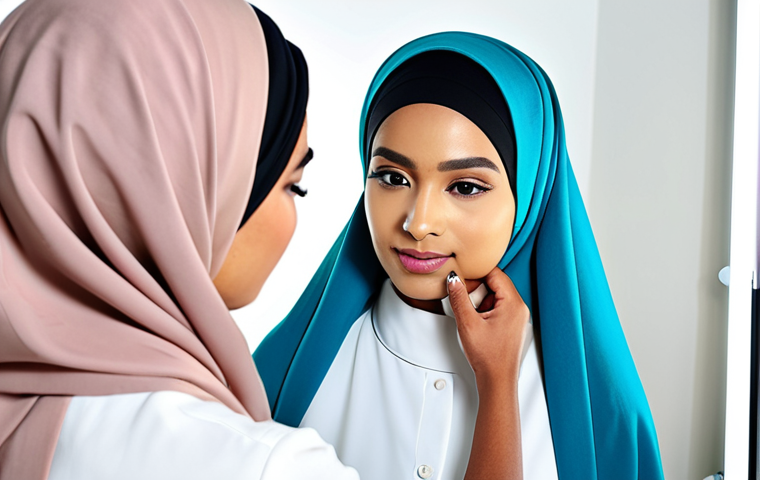 뷰티컨설턴트 커뮤니케이션 스킬 - **Image:** A professional makeup artist applying subtle, natural makeup on a client with a hijab in ...