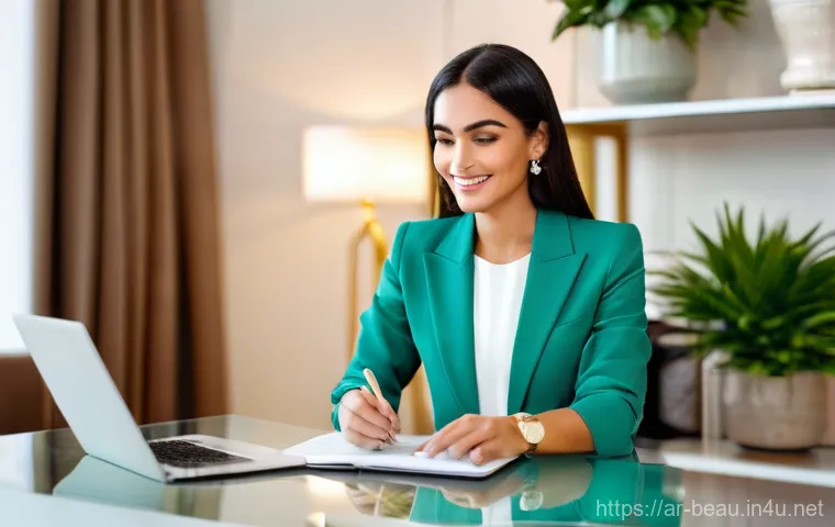 뷰티컨설턴트 학습 자료 추천 - **Prompt:** A warm, inviting scene of a professional female Arab beauty consultant, impeccably dress...