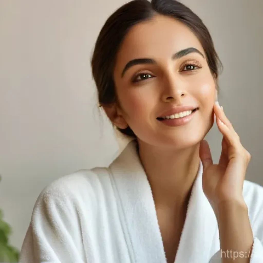 뷰티컨설턴트 실무 경험 공유 - A radiant, serene Arab woman in her late 20s, with glowing, healthy skin, is shown in a soft, elegan...