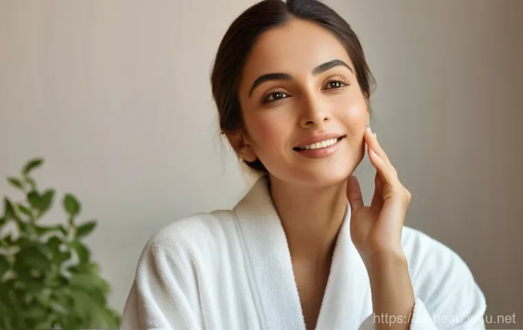 뷰티컨설턴트 실무 경험 공유 - A radiant, serene Arab woman in her late 20s, with glowing, healthy skin, is shown in a soft, elegan...