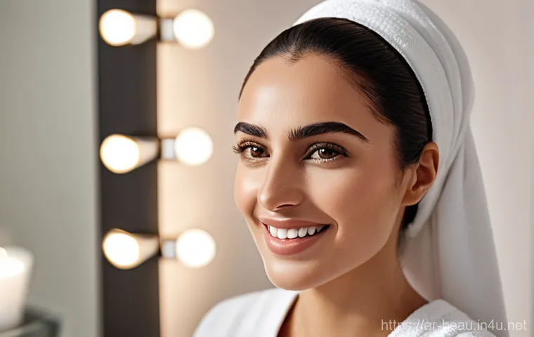 뷰티컨설턴트 실무 경험 공유 - A radiant, serene Arab woman in her late 20s, with glowing, healthy skin, is shown in a soft, elegan...