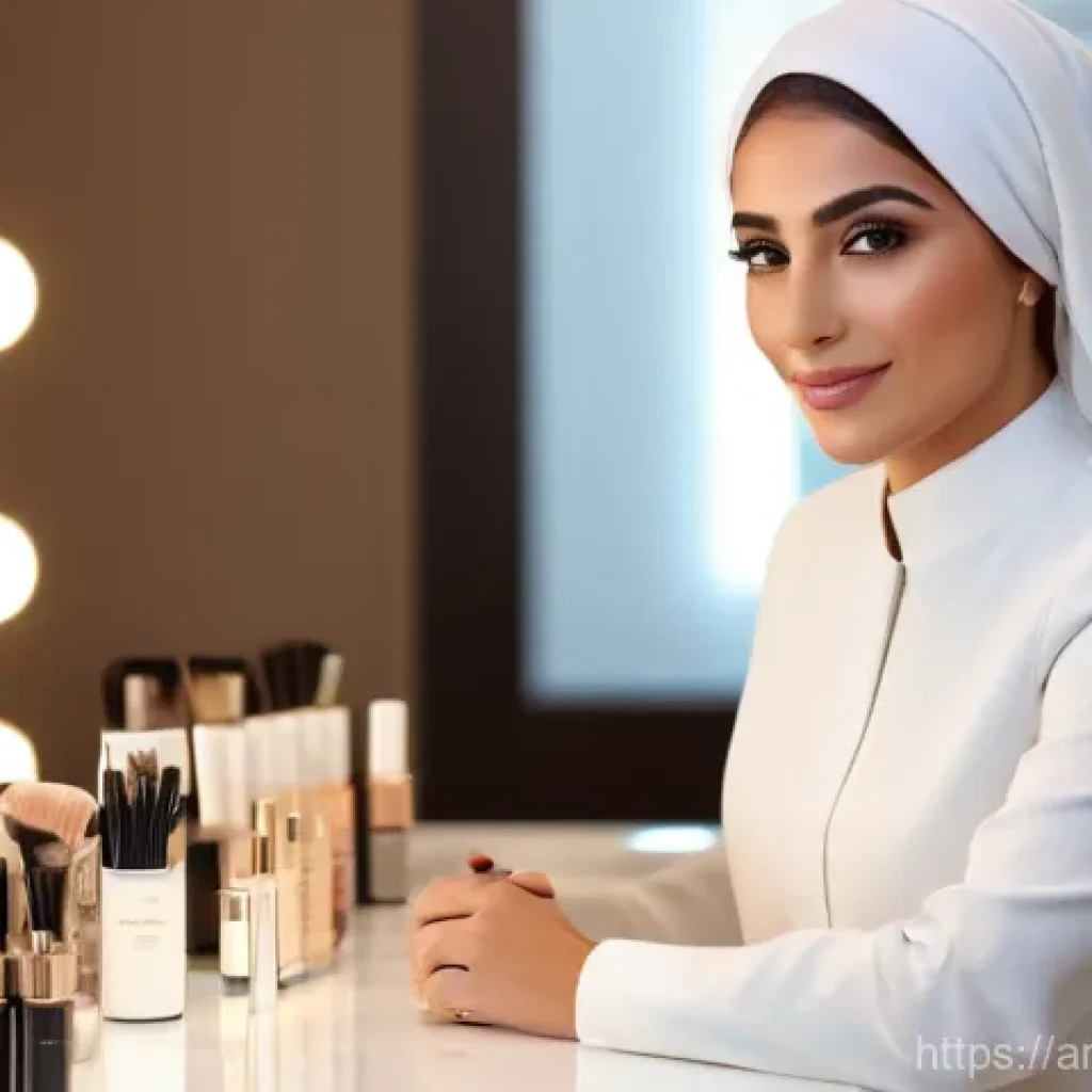뷰티컨설턴트 자기소개서 작성법 - **A highly professional and elegant Arab beauty expert** meticulously applying subtle, glowing makeu...