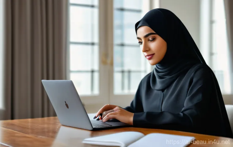 뷰티컨설턴트 자기소개서 작성법 - **A highly professional and elegant Arab beauty expert** meticulously applying subtle, glowing makeu...