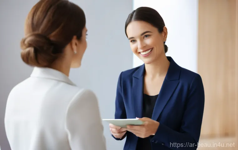 뷰티컨설턴트 직무 적응 사례 연구 - **Prompt:** A warm and empathetic beauty consultant, a woman in her 30s with a kind smile, dressed i...