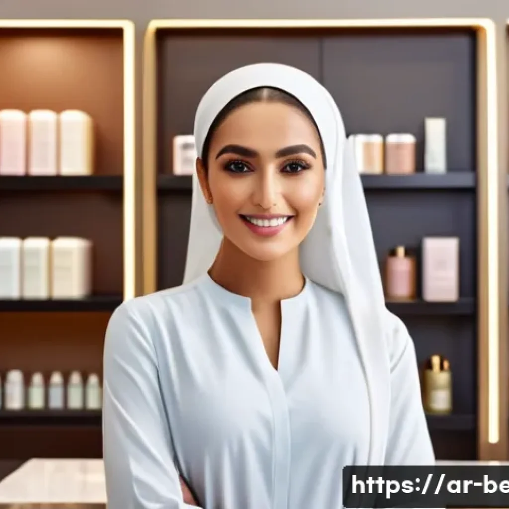 뷰티컨설턴트 자격증 활용 사례 연구 - A professional Arab female beauty consultant in a modern upscale salon, wearing stylish modest attir...