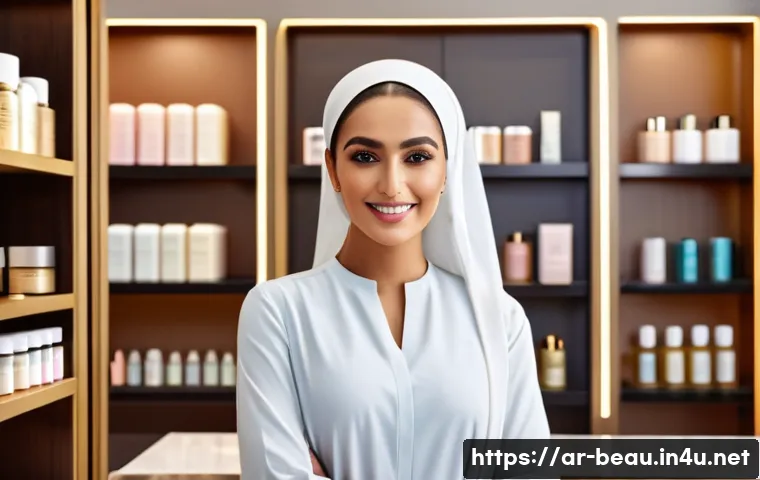 뷰티컨설턴트 자격증 활용 사례 연구 - A professional Arab female beauty consultant in a modern upscale salon, wearing stylish modest attir...