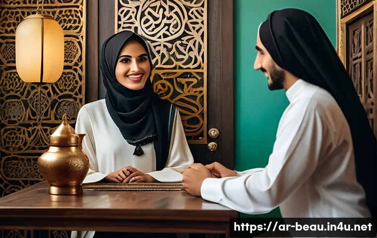 뷰티컨설턴트 고객 리뷰 관리법 - A warm and inviting Middle Eastern beauty salon interior with a female stylist attentively listening...
