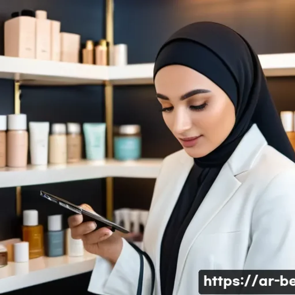 뷰티컨설턴트 자격증 준비 과정 - A professional Middle Eastern female beauty consultant in a modern, elegant salon setting, wearing s...