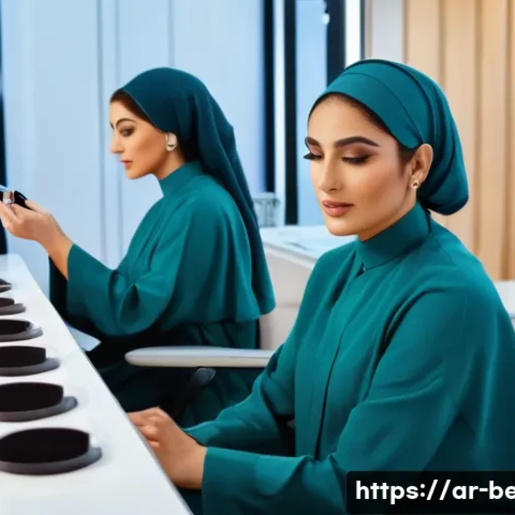 뷰티컨설턴트 실무 워크샵 후기 - A professional beauty workshop scene set in a modern Middle Eastern salon, featuring diverse adult f...