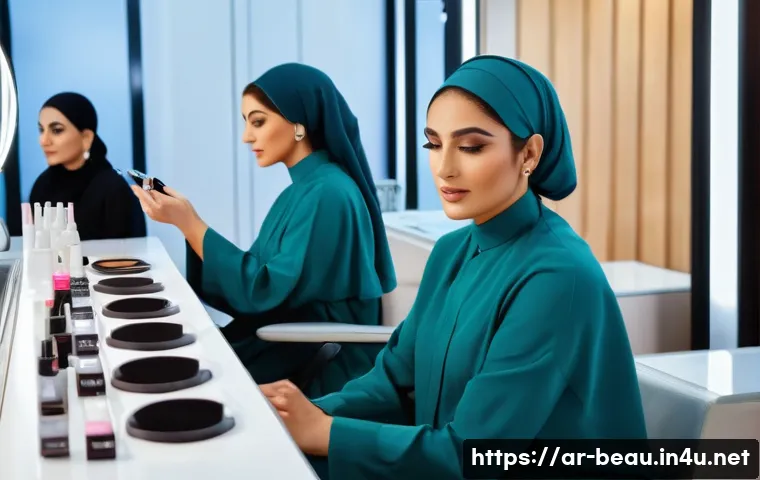 뷰티컨설턴트 실무 워크샵 후기 - A professional beauty workshop scene set in a modern Middle Eastern salon, featuring diverse adult f...