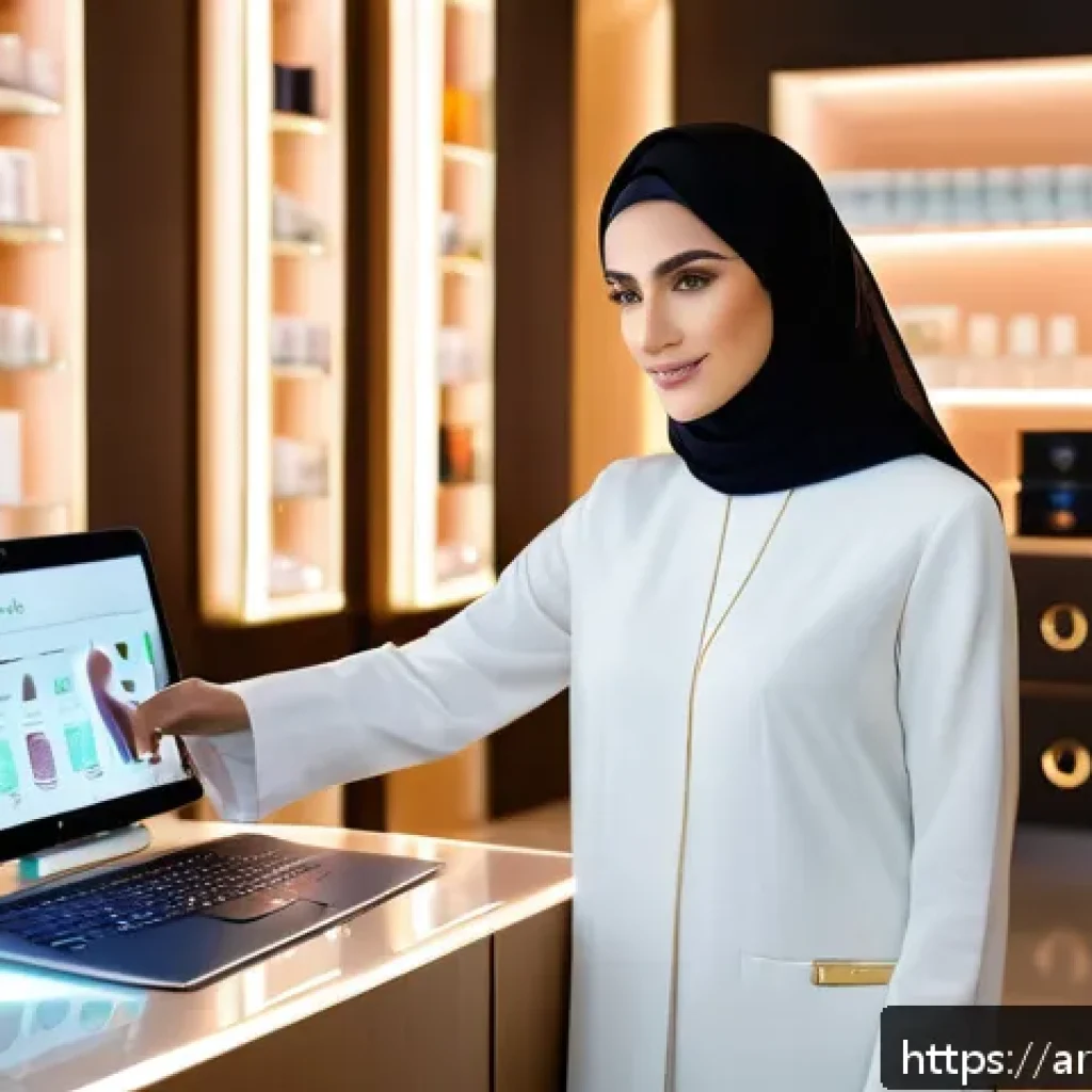 뷰티컨설턴트 최신 트렌드 분석 - A modern Middle Eastern beauty consultant in a stylish boutique setting using a high-tech AI skin an...