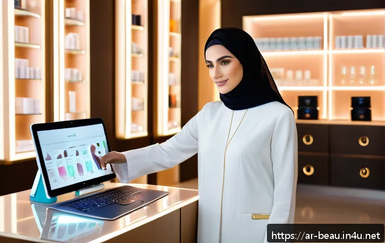 뷰티컨설턴트 최신 트렌드 분석 - A modern Middle Eastern beauty consultant in a stylish boutique setting using a high-tech AI skin an...