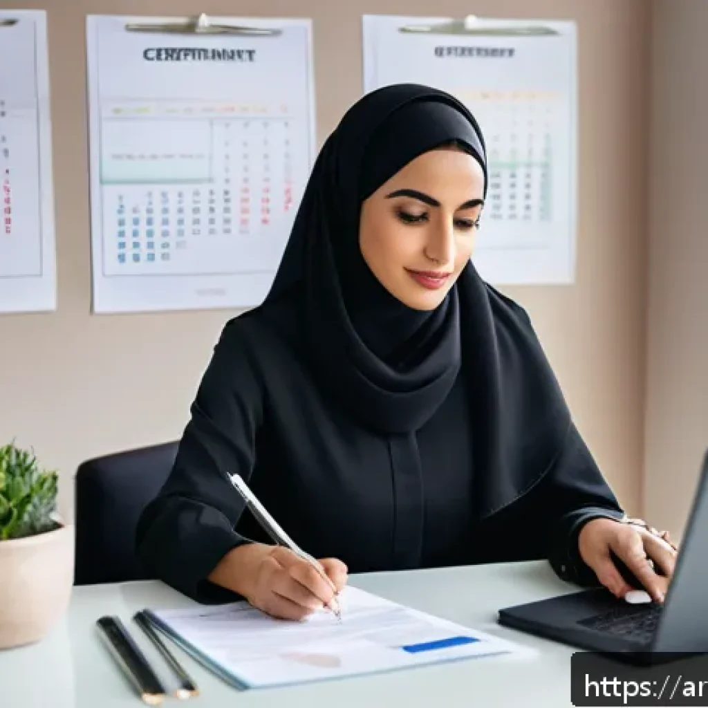 뷰티컨설턴트 자격증 갱신 방법 - A professional Middle Eastern female beauty consultant sitting at a modern desk with a laptop and do...