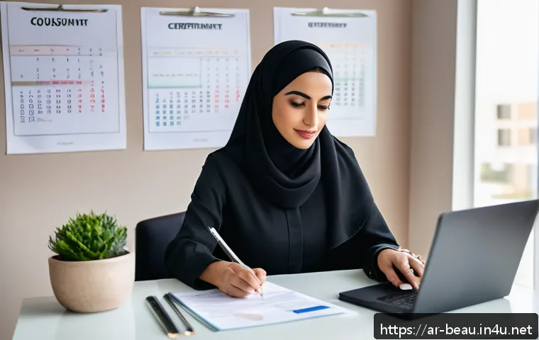 뷰티컨설턴트 자격증 갱신 방법 - A professional Middle Eastern female beauty consultant sitting at a modern desk with a laptop and do...