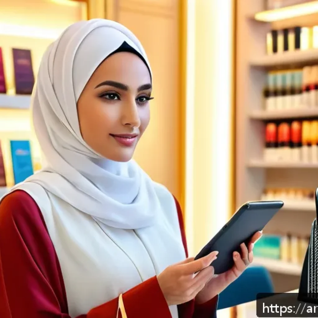 뷰티컨설턴트 해외 시장 탐방 - A sophisticated Middle Eastern beauty consultant in a modern, elegant salon setting, wearing modest ...