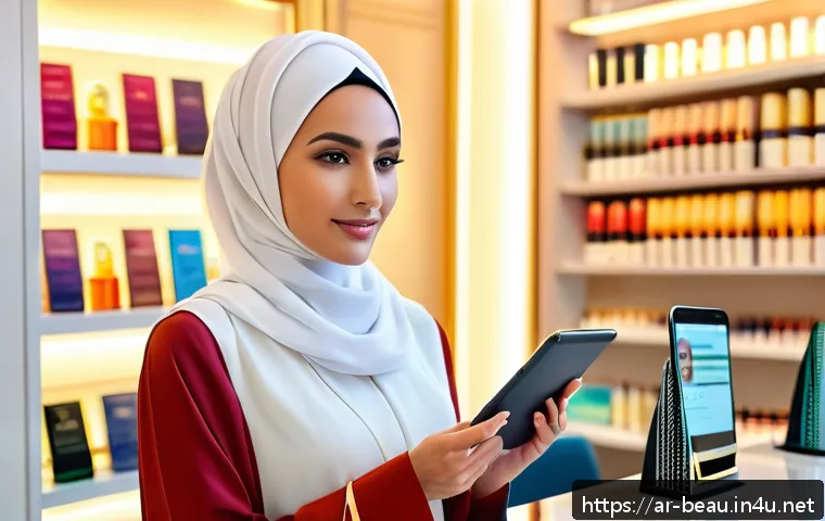 뷰티컨설턴트 해외 시장 탐방 - A sophisticated Middle Eastern beauty consultant in a modern, elegant salon setting, wearing modest ...