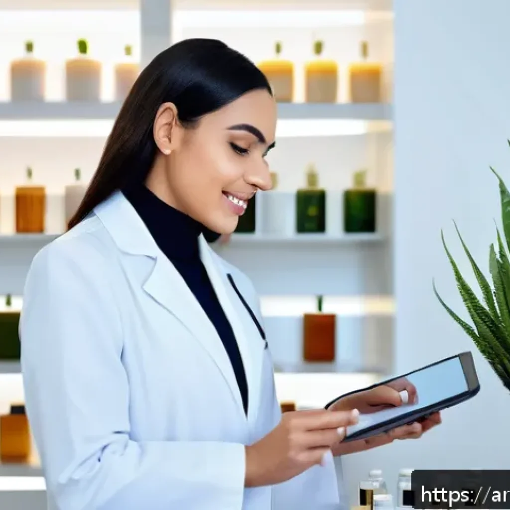 뷰티컨설턴트 주요 필기 시험 가이드 사례 - A modern beauty consultant clinic scene in a Middle Eastern setting, featuring a professional female...