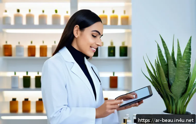 뷰티컨설턴트 주요 필기 시험 가이드 사례 - A modern beauty consultant clinic scene in a Middle Eastern setting, featuring a professional female...
