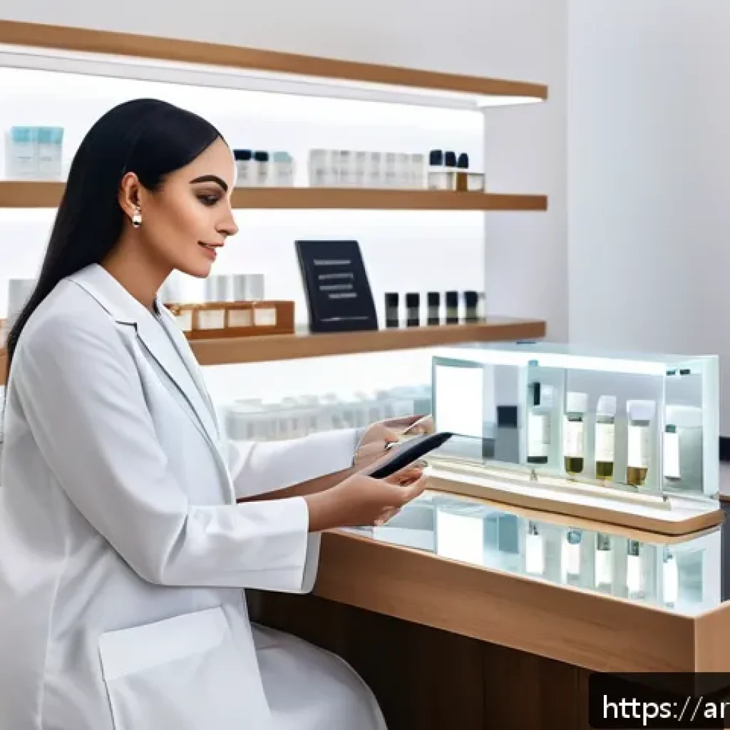 뷰티컨설턴트 컨설팅 사례 연구 - A modern beauty consultation scene in a luxurious clinic designed for Arabic clients, featuring a fe...