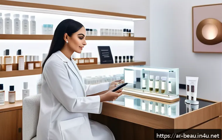 뷰티컨설턴트 컨설팅 사례 연구 - A modern beauty consultation scene in a luxurious clinic designed for Arabic clients, featuring a fe...