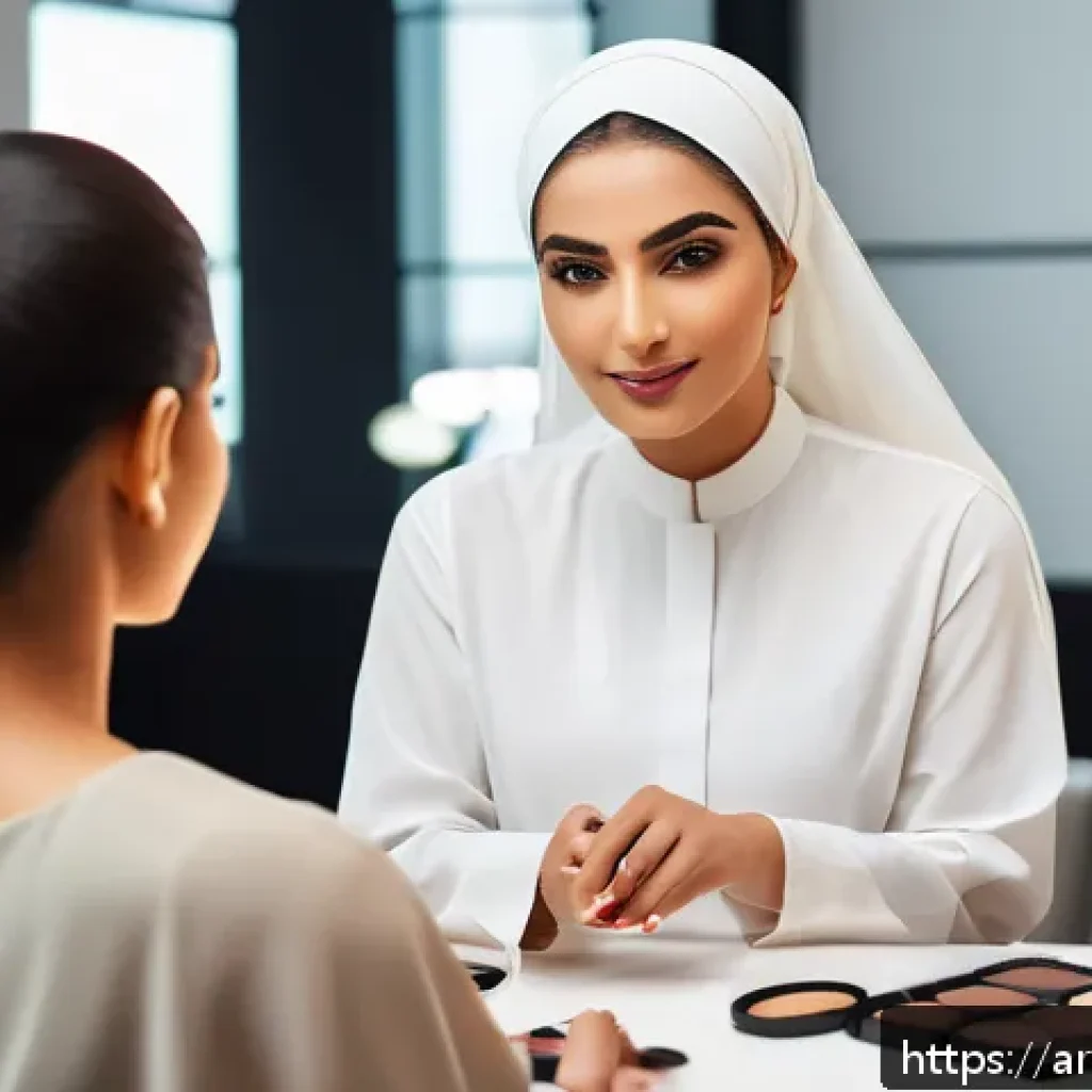 뷰티컨설턴트 성장 사례 연구 - A confident Arab professional female beauty consultant conducting a hands-on makeup workshop in a mo...