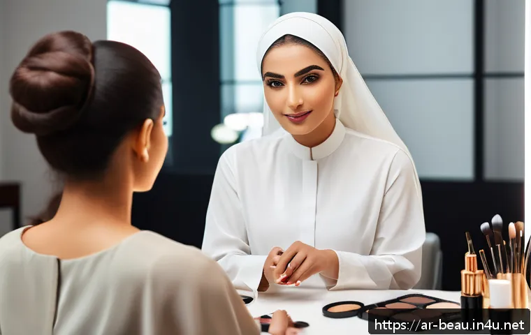 뷰티컨설턴트 성장 사례 연구 - A confident Arab professional female beauty consultant conducting a hands-on makeup workshop in a mo...