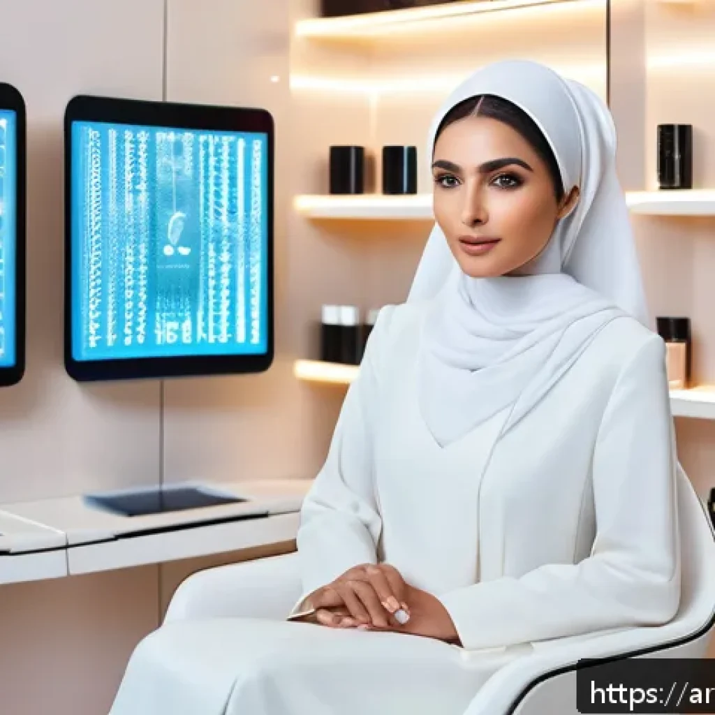 뷰티컨설턴트 관련 업계 동향 분석 - A modern beauty consultation scene in a high-tech salon in an elegant Middle Eastern setting, featur...