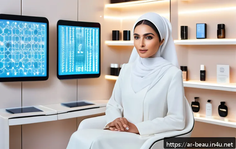 뷰티컨설턴트 관련 업계 동향 분석 - A modern beauty consultation scene in a high-tech salon in an elegant Middle Eastern setting, featur...