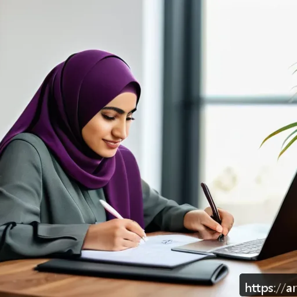 뷰티컨설턴트 경력 전환 성공기 - A confident Middle Eastern woman in her early 30s, sitting at a modern desk in a bright home office ...