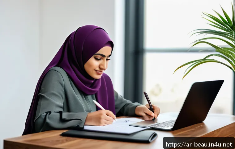뷰티컨설턴트 경력 전환 성공기 - A confident Middle Eastern woman in her early 30s, sitting at a modern desk in a bright home office ...