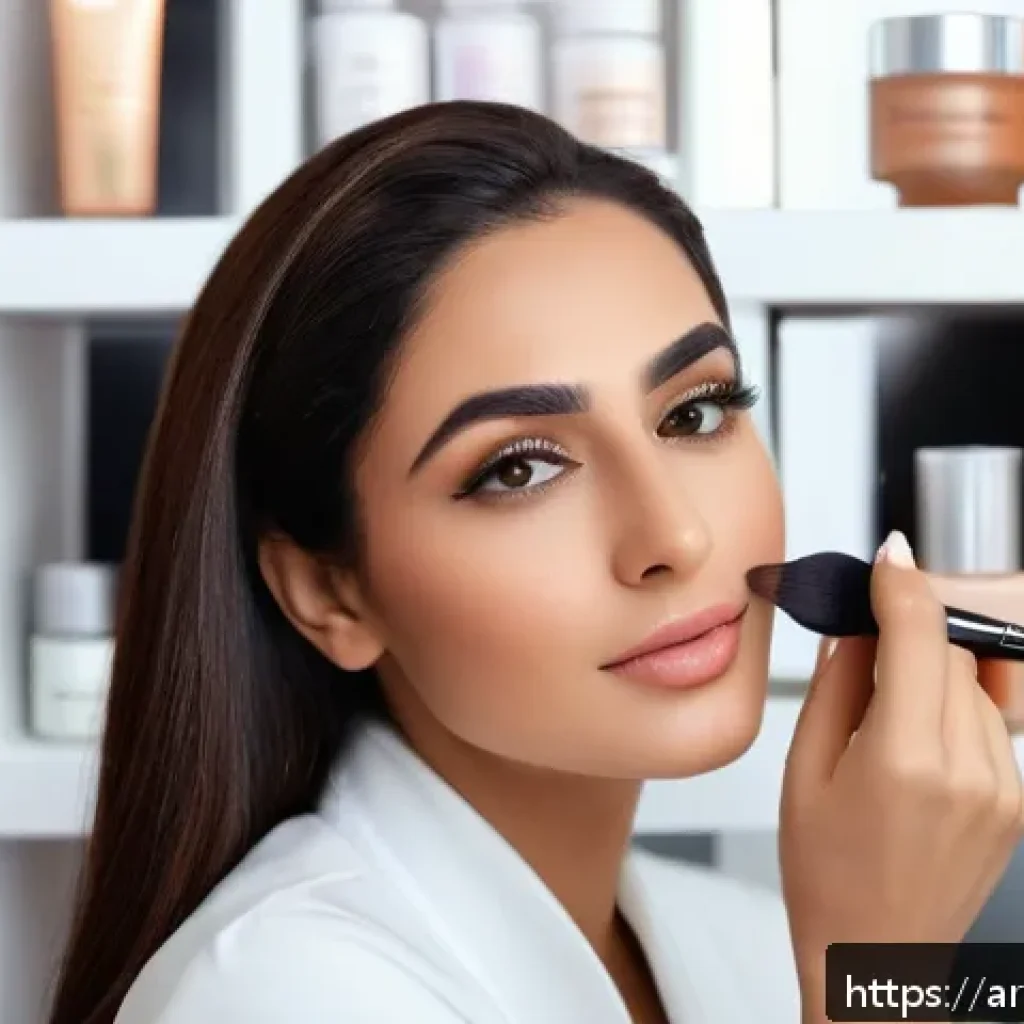 뷰티컨설턴트 실기 시험 꿀팁 - A professional Middle Eastern female beauty consultant in a modern, elegant salon setting, wearing s...