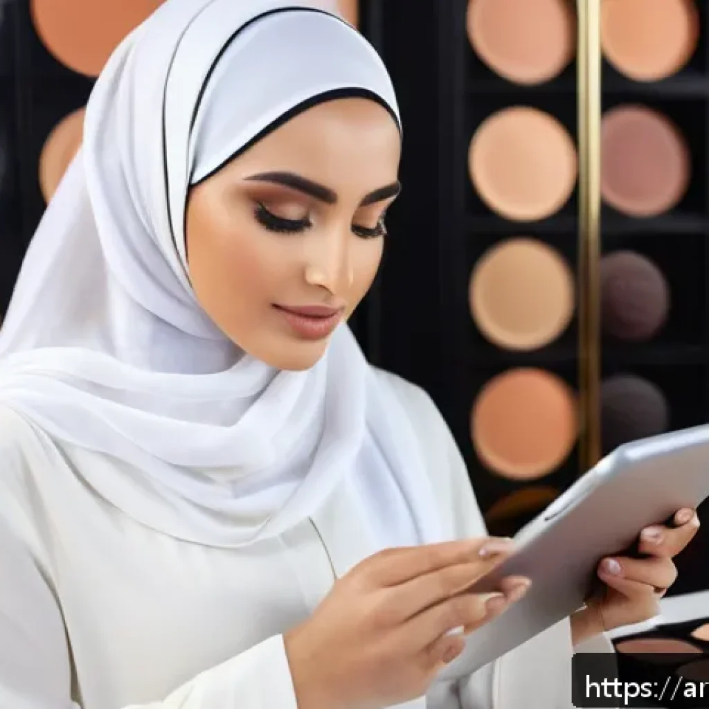 뷰티컨설턴트 산업 이슈 분석 - A sophisticated Middle Eastern beauty consultant in a modern, elegant makeup studio decorated with t...