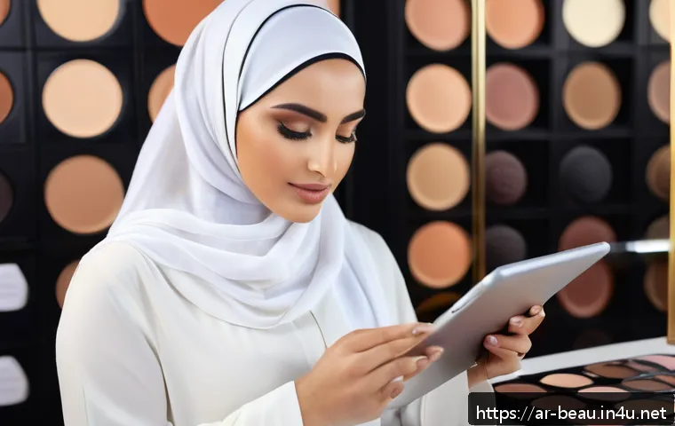 뷰티컨설턴트 산업 이슈 분석 - A sophisticated Middle Eastern beauty consultant in a modern, elegant makeup studio decorated with t...