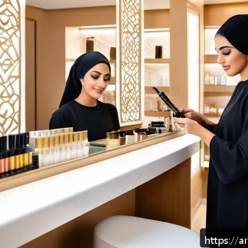 뷰티컨설턴트 커리어 패스 - A modern beauty salon interior in a Middle Eastern setting, with natural and organic skincare produc...